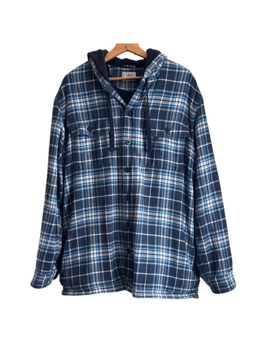 L.L. Bean Mens Blue Plaid Hooded Shirt Jacket Size XL Cabin Rugged Workwear